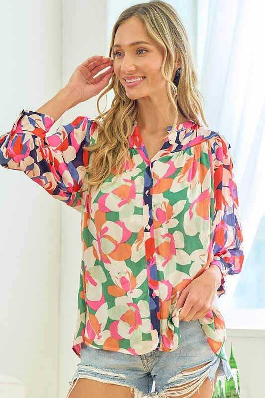 First LoveMulticolor Floral Button Down Satin Shirt