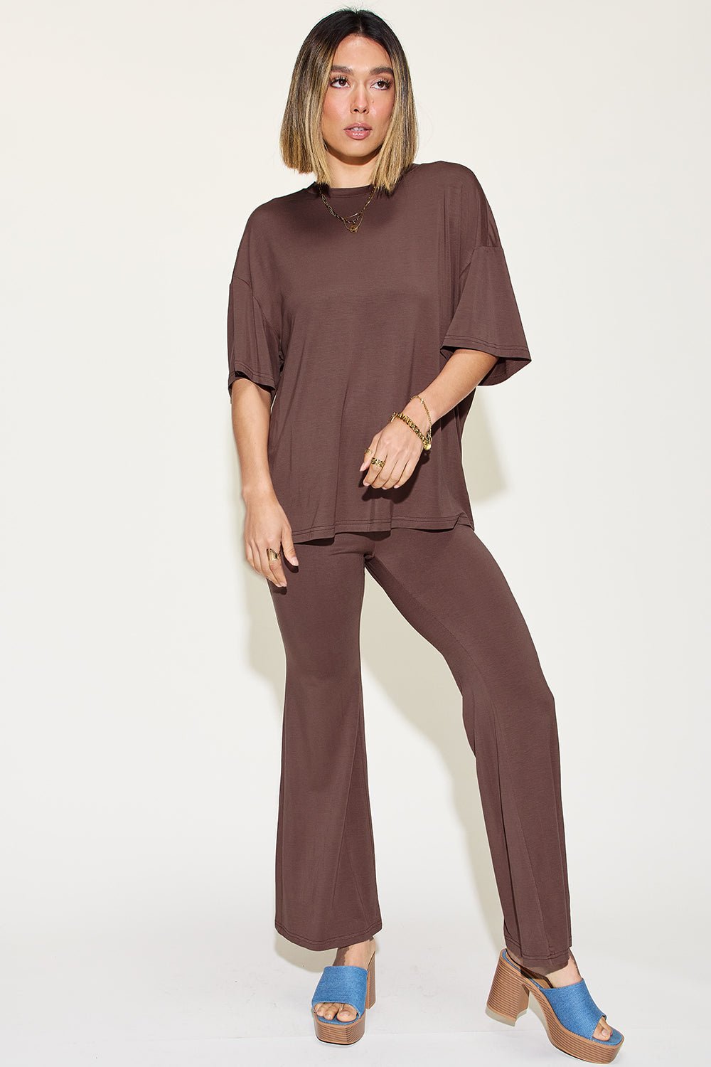 Basic BaeDrop Shoulder T - Shirt and Flare Pants Set