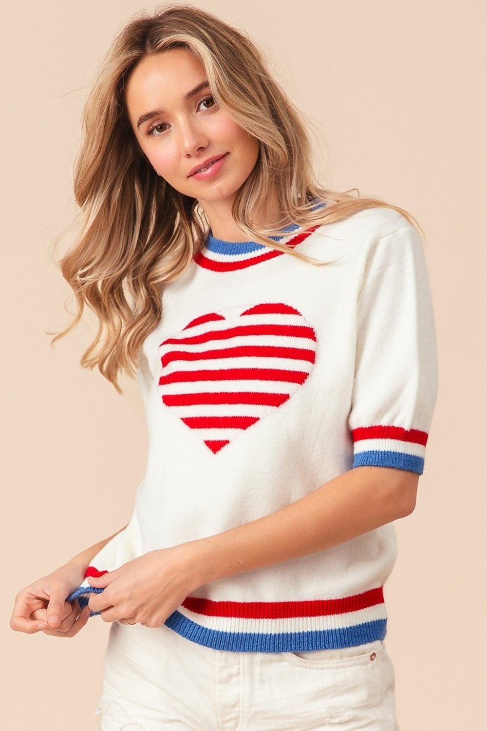 BiBiUS Flag Theme Striped Heart Sweater in Ivory