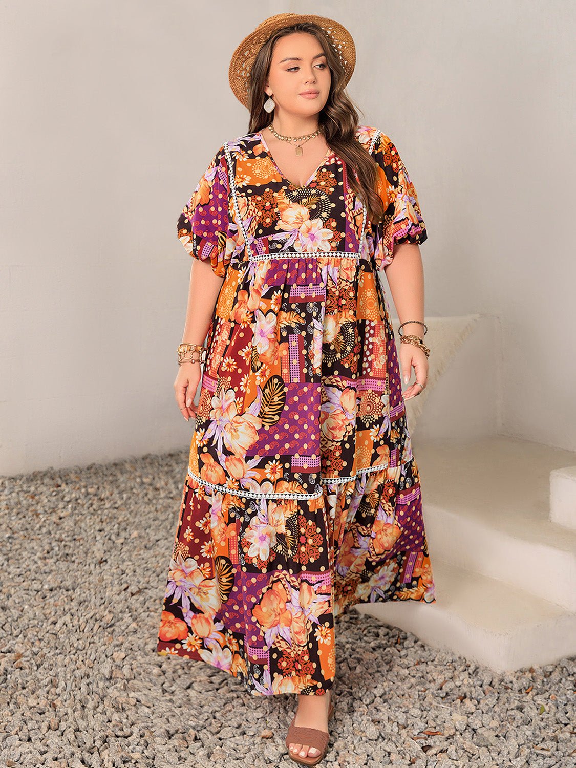 Beach Rose Co.Plus Size Patchwork Polka Dot Print V - Neck Half Sleeve Maxi Dress