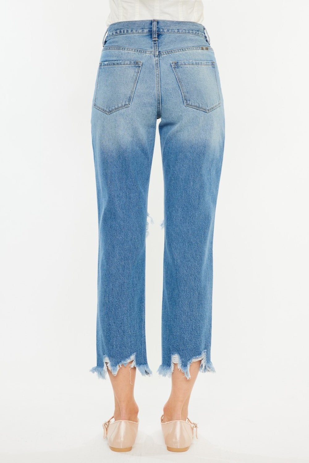 KancanMedium Wash Distressed Frayed Hem Cropped Jeans