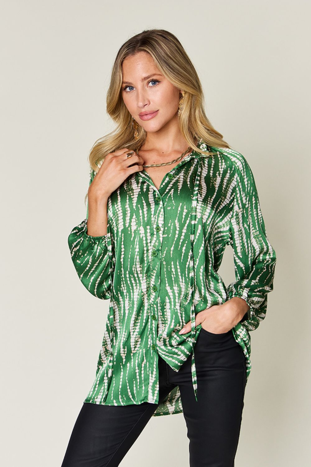 Double TakePrinted Button Up Long Sleeve Shirt