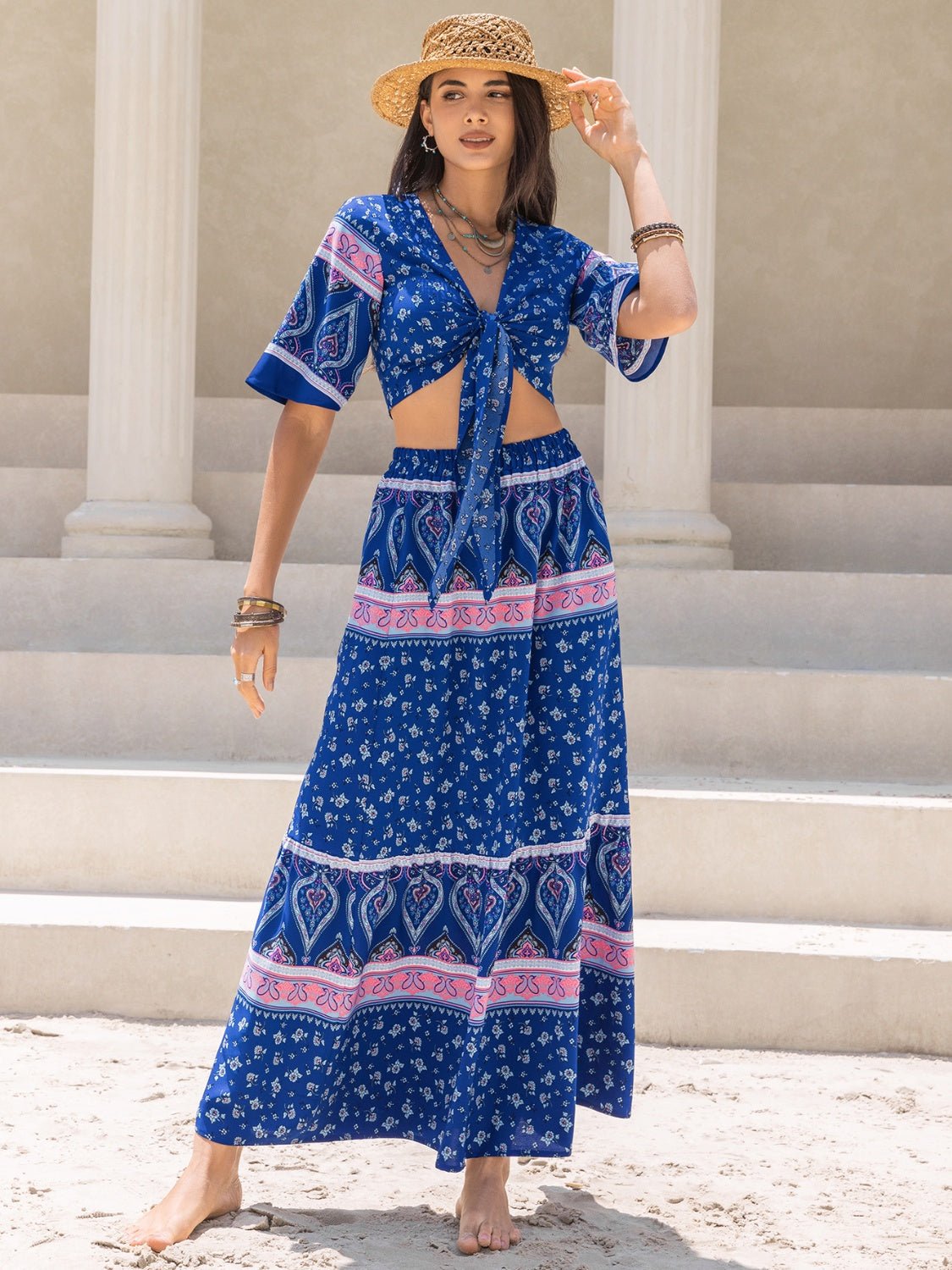 Beach Rose Co.Printed Flutter Sleeve Crop Top and Maxi Skirt Set in Dark Blue