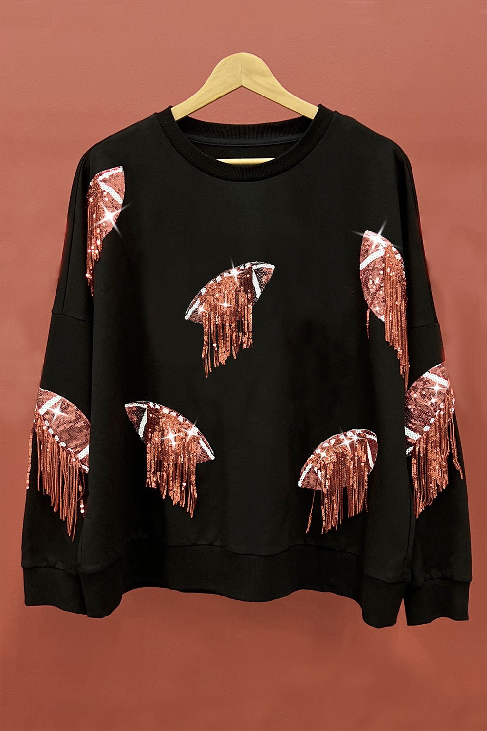 BiBiSequin Fringe Football Sweatshirt in Black Bronze