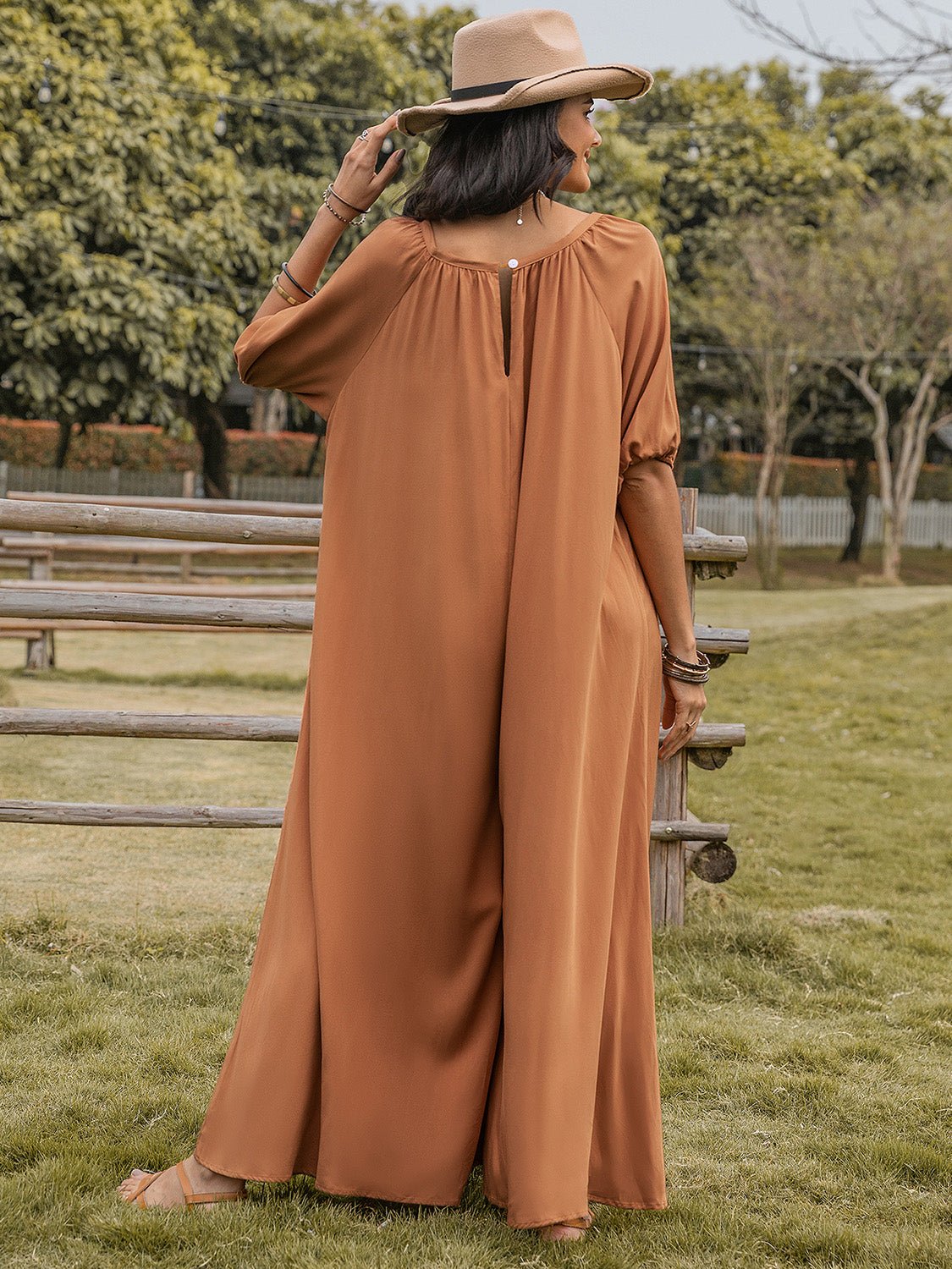 Beach Rose Co.Scoop Neck Half Sleeve Wide Leg Jumpsuit in Caramel