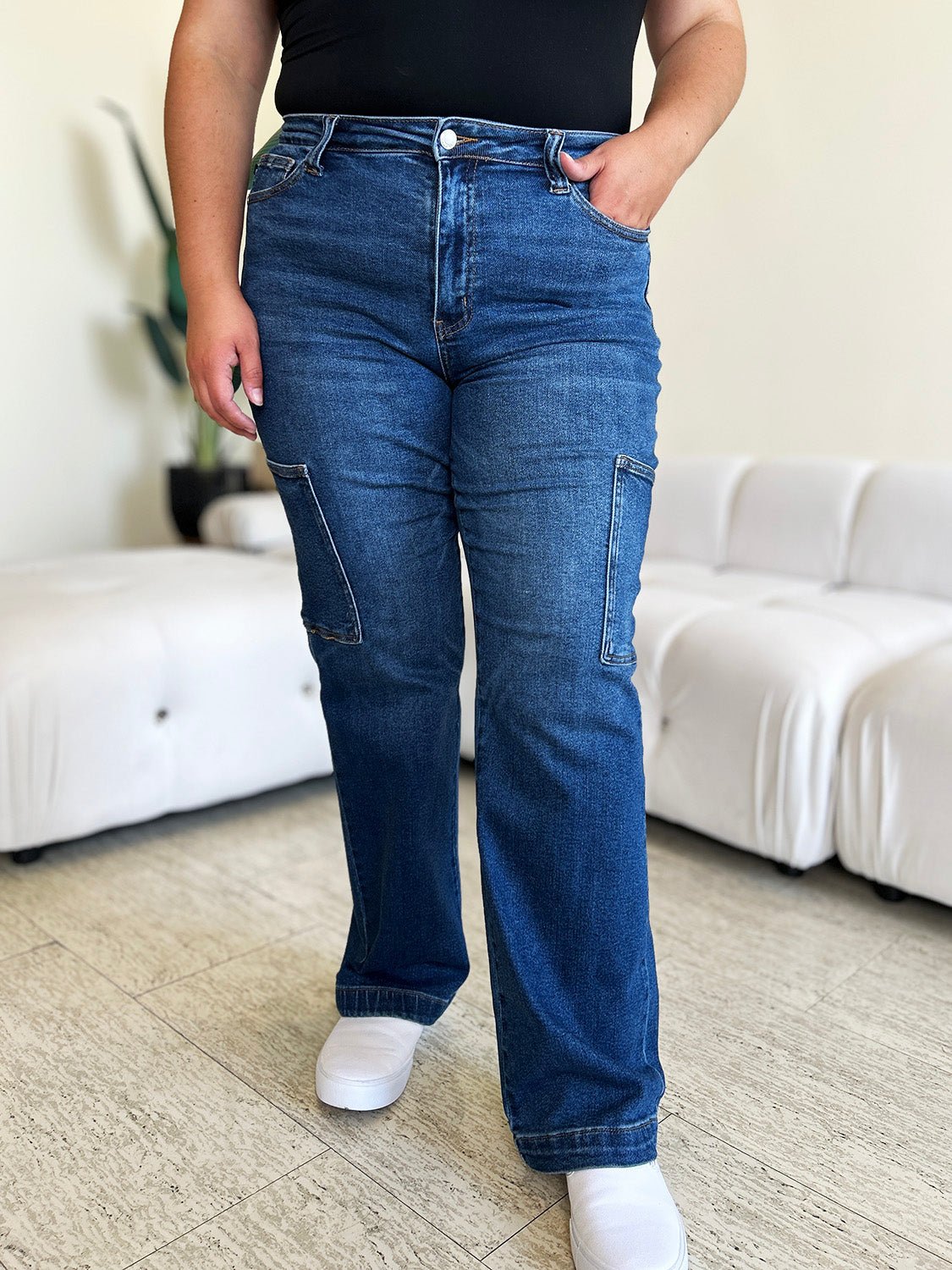 Judy BlueDark Wash High Waist Straight Leg Cargo Jeans