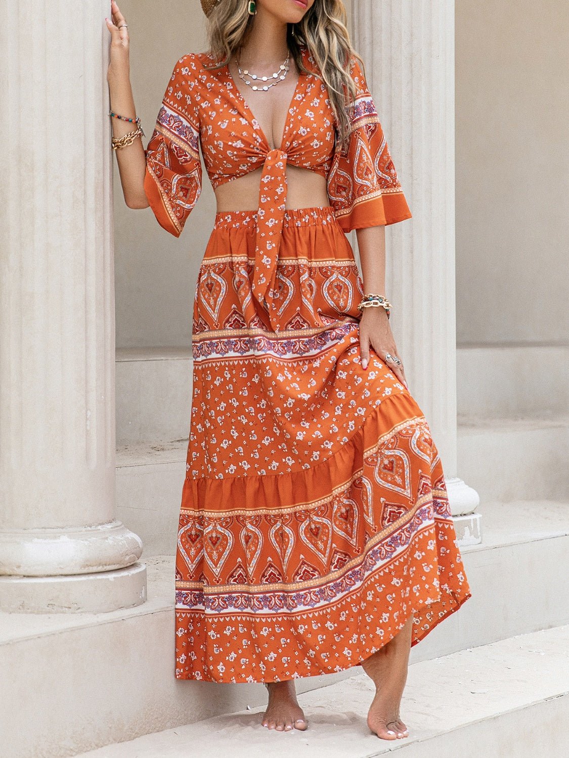 Beach Rose Co.Plunge Neck Crop Top and Maxi Skirt Set in Orange