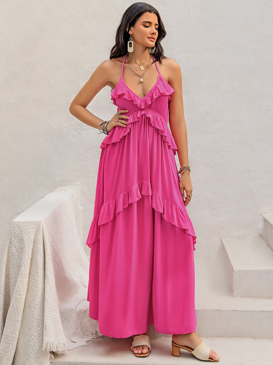 Beach Rose Co.Ruffled Halter Neck Sleeveless Maxi Dress in Hot Pink