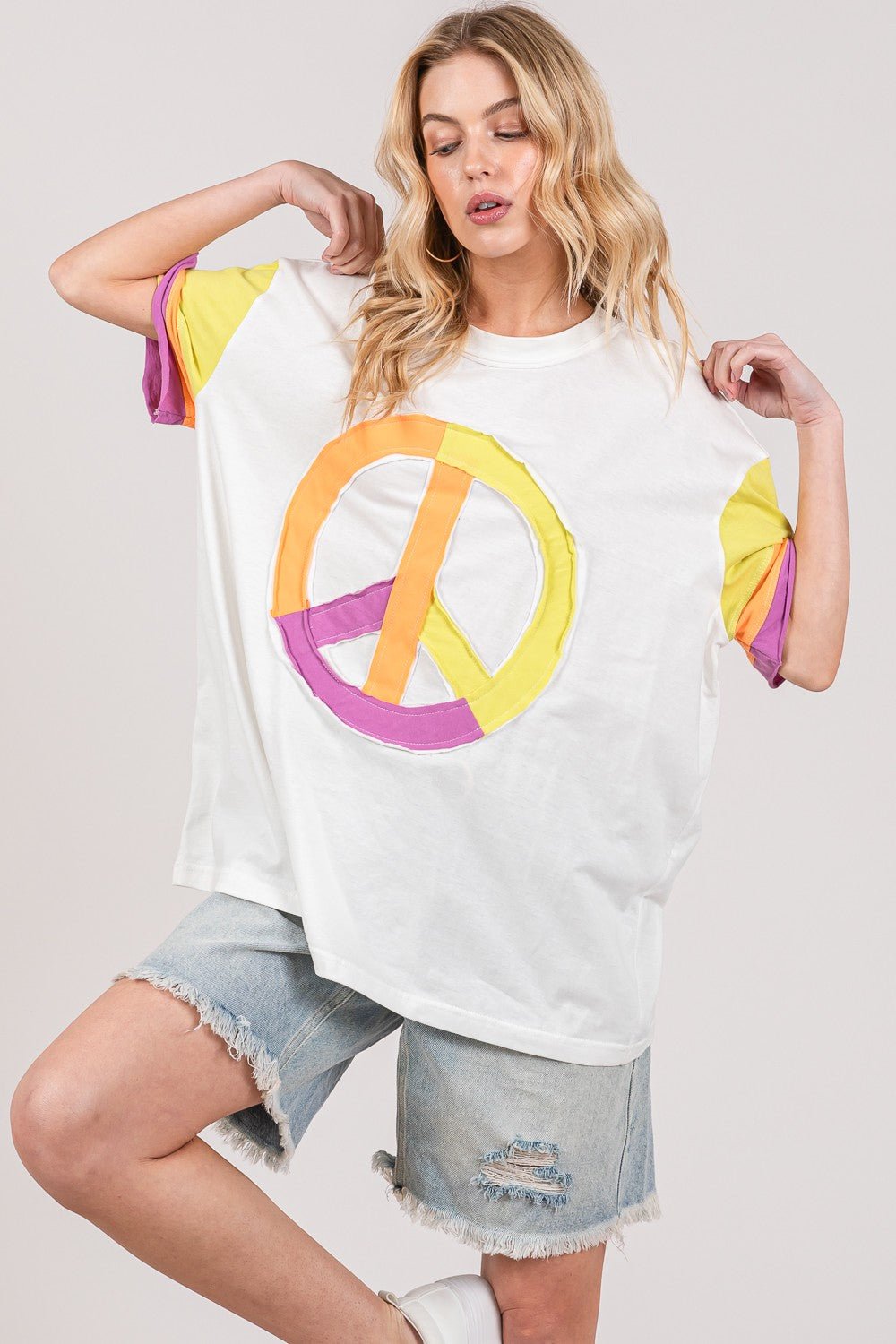 SAGE+FIGMulticolor Color Block Peace Sign Applique T - Shirt