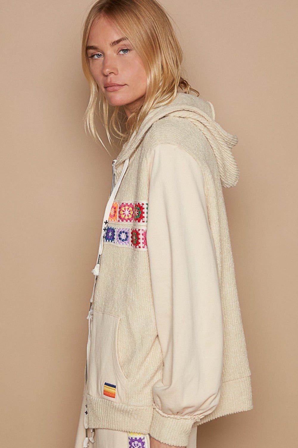 POLPatchwork Hooded Zip Jacket in Cream Beige