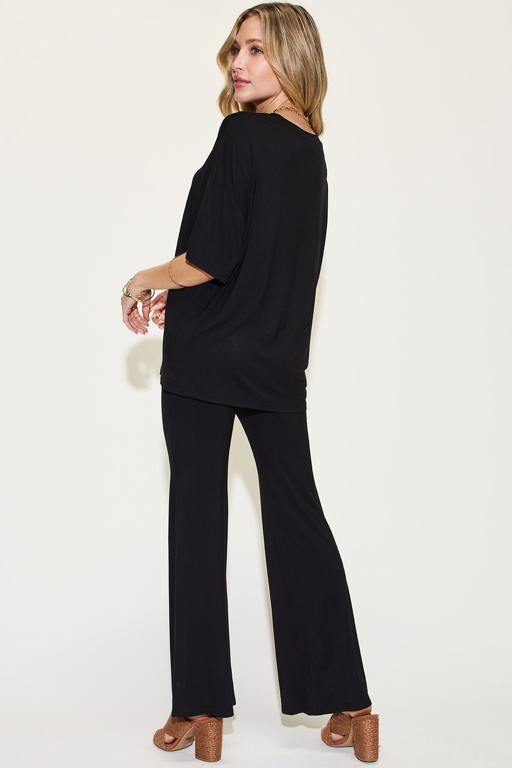 Basic BaeDrop Shoulder T - Shirt and Flare Pants Set