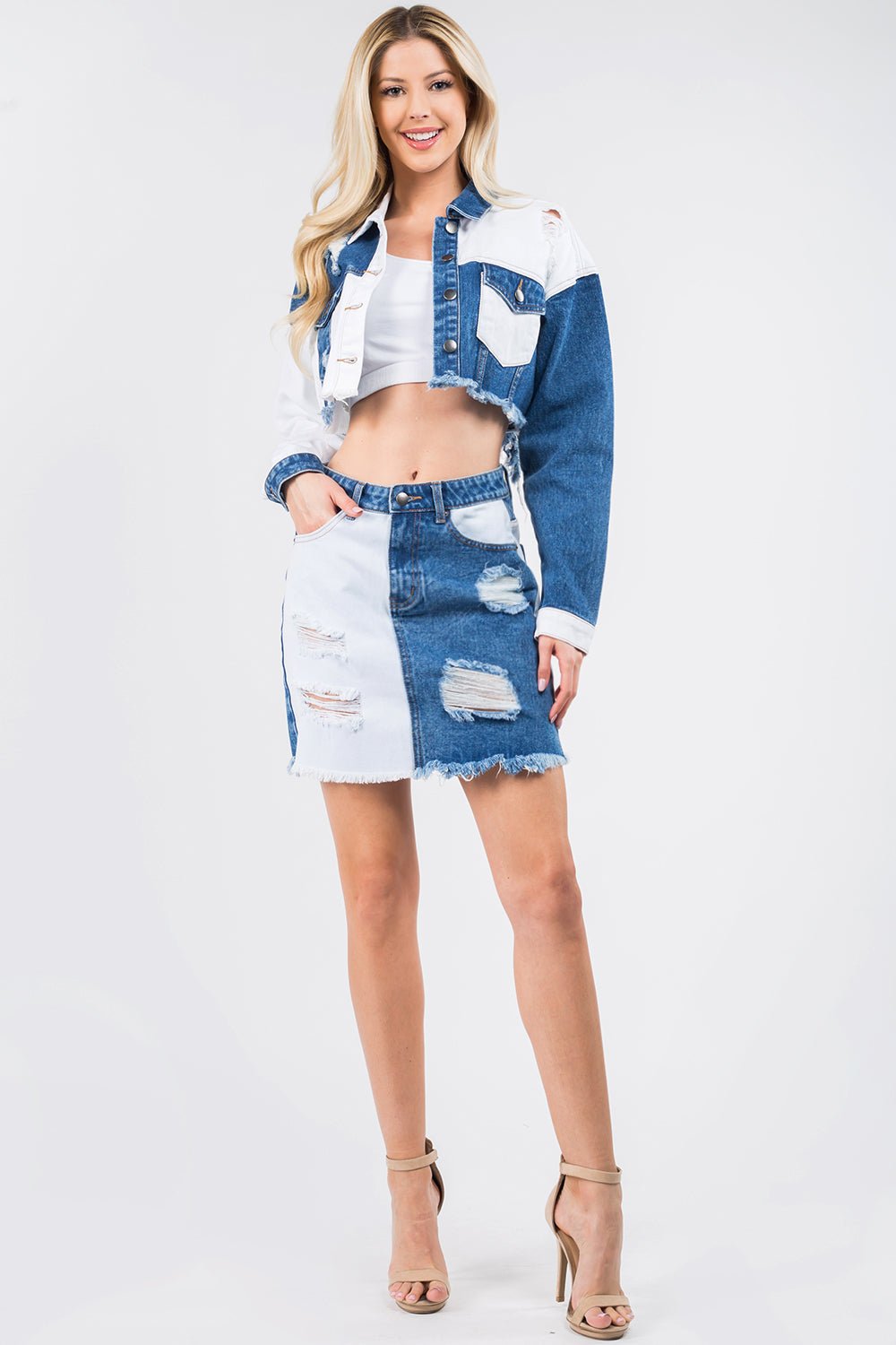 American BaziContrast Distressed Bleached Denim Mini Skirt