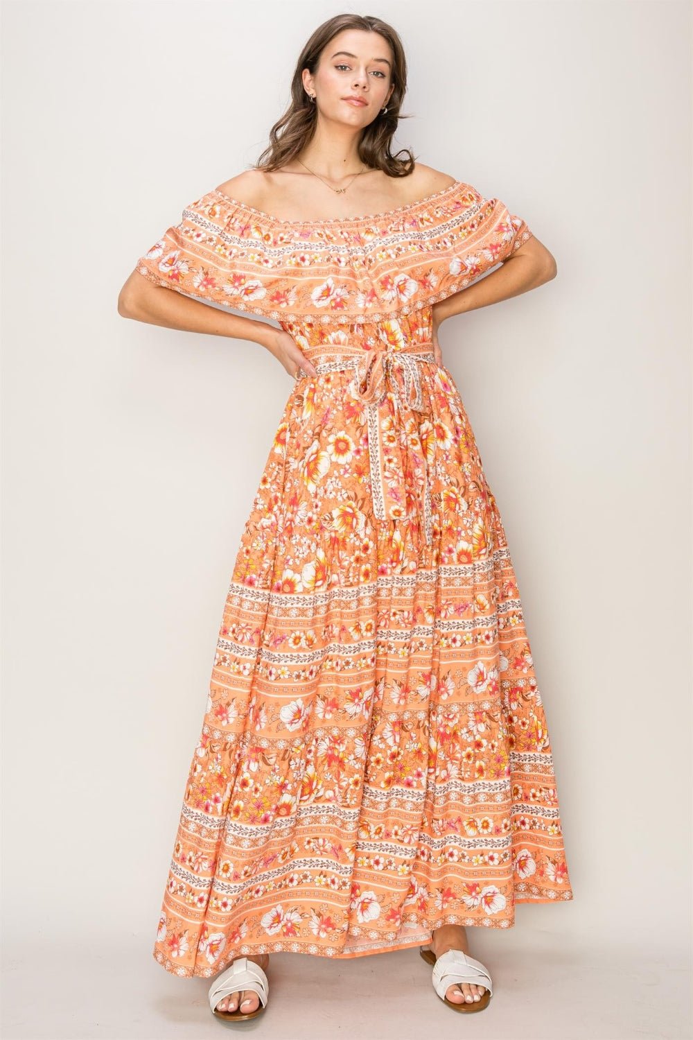 HYFVEFloral Off - Shoulder Maxi Dress in Apricot