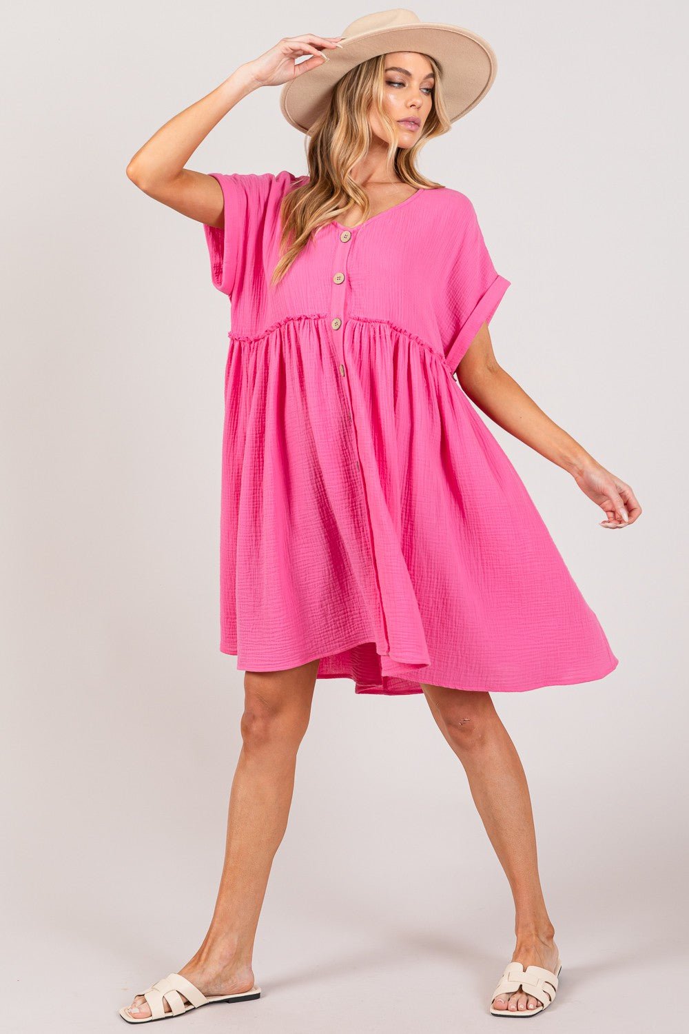 SAGE+FIGButton Up Short Sleeve Mini Dress in Pink