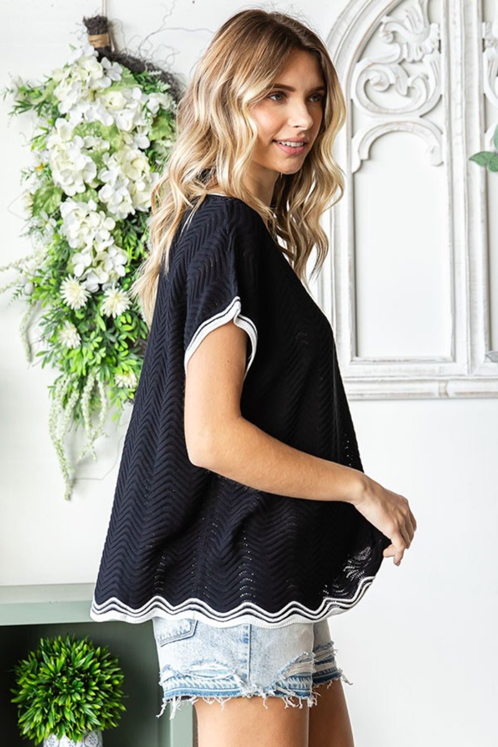 First LoveContrast Trim Crochet Short Sleeve Knit Top in Black