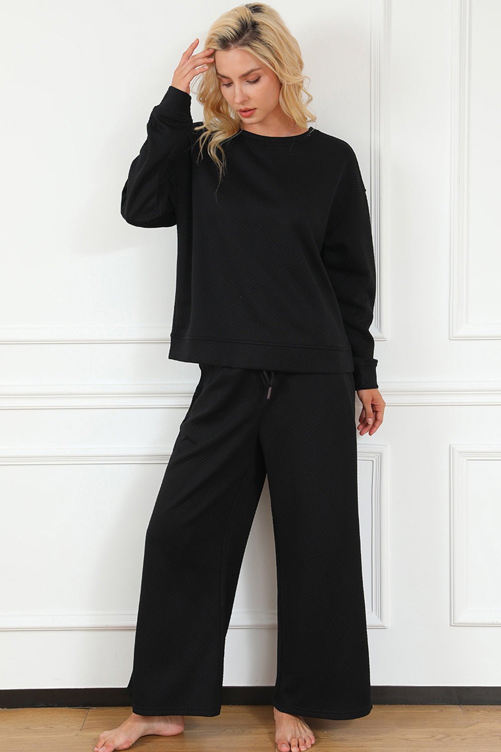 Double TakeTextured Long Sleeve Top and Drawstring Pants Set