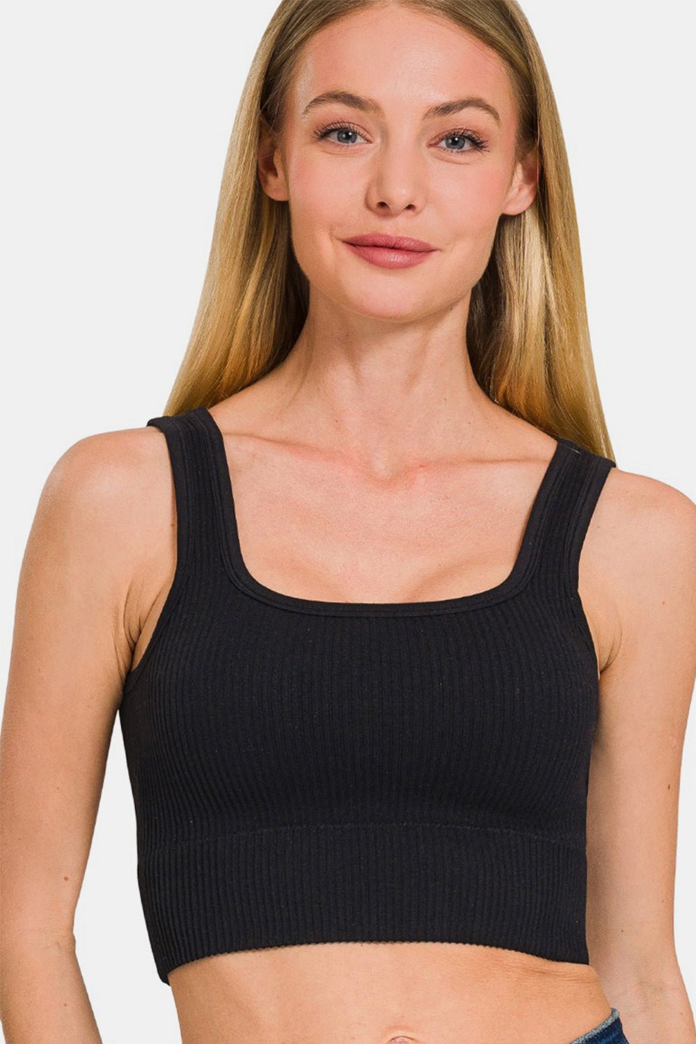 ZenanaRib Knit Seamless Cropped Tank in Black