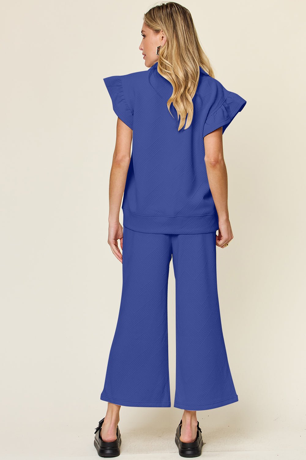 Double TakeTextured Ruffle Short Sleeve Top and Drawstring Wide Leg Pants Set