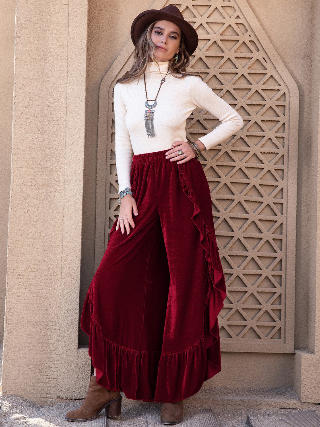 Beach Rose Co.High Side Slit Ruffled Wide Leg Velvet Pants