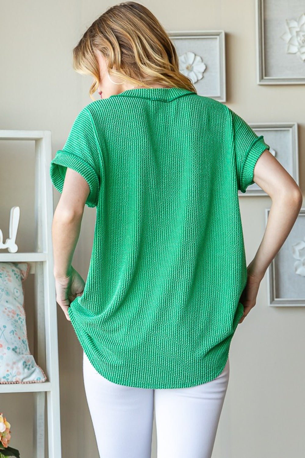 HeimishShort Sleeve V - Neck Rib Knit Top in Kelly Green