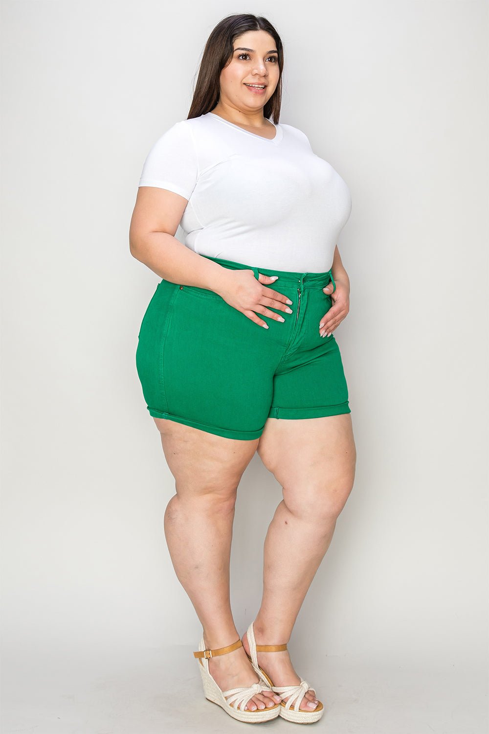 Judy BlueTummy Control Garment Dyed Denim Shorts in Kelly Green