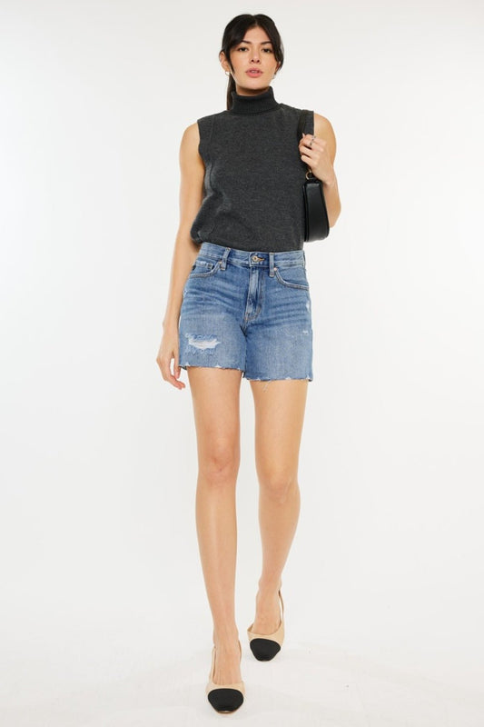 KancanMedium Wash Distressed High Waist Denim Shorts