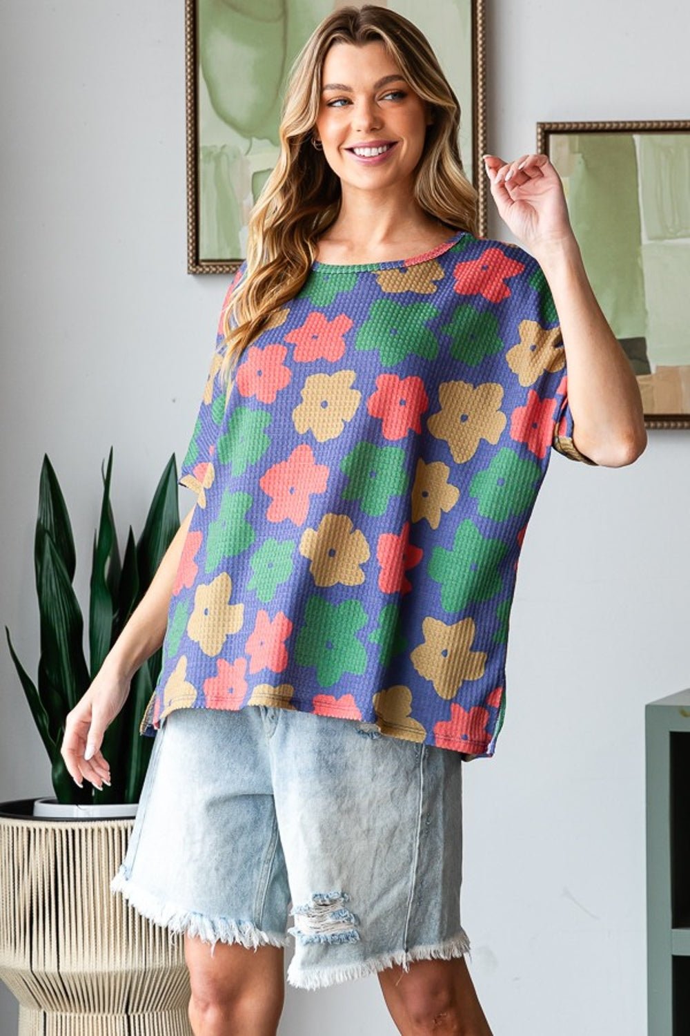 HOPELYFloral Crew Neck Tunic T - Shirt in Navy Green