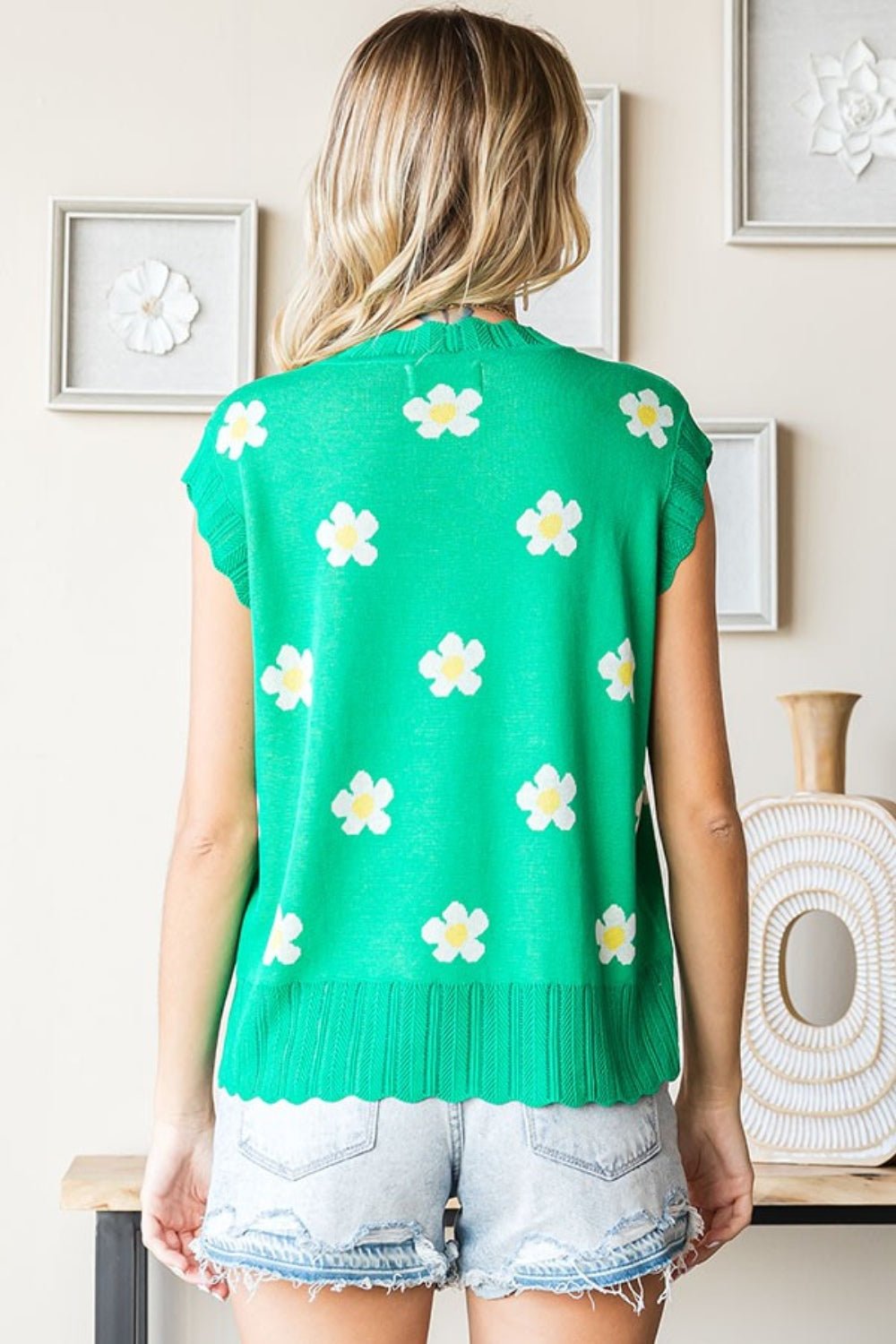 First LoveBlooming Daisies Sleeveless Sweater in Green