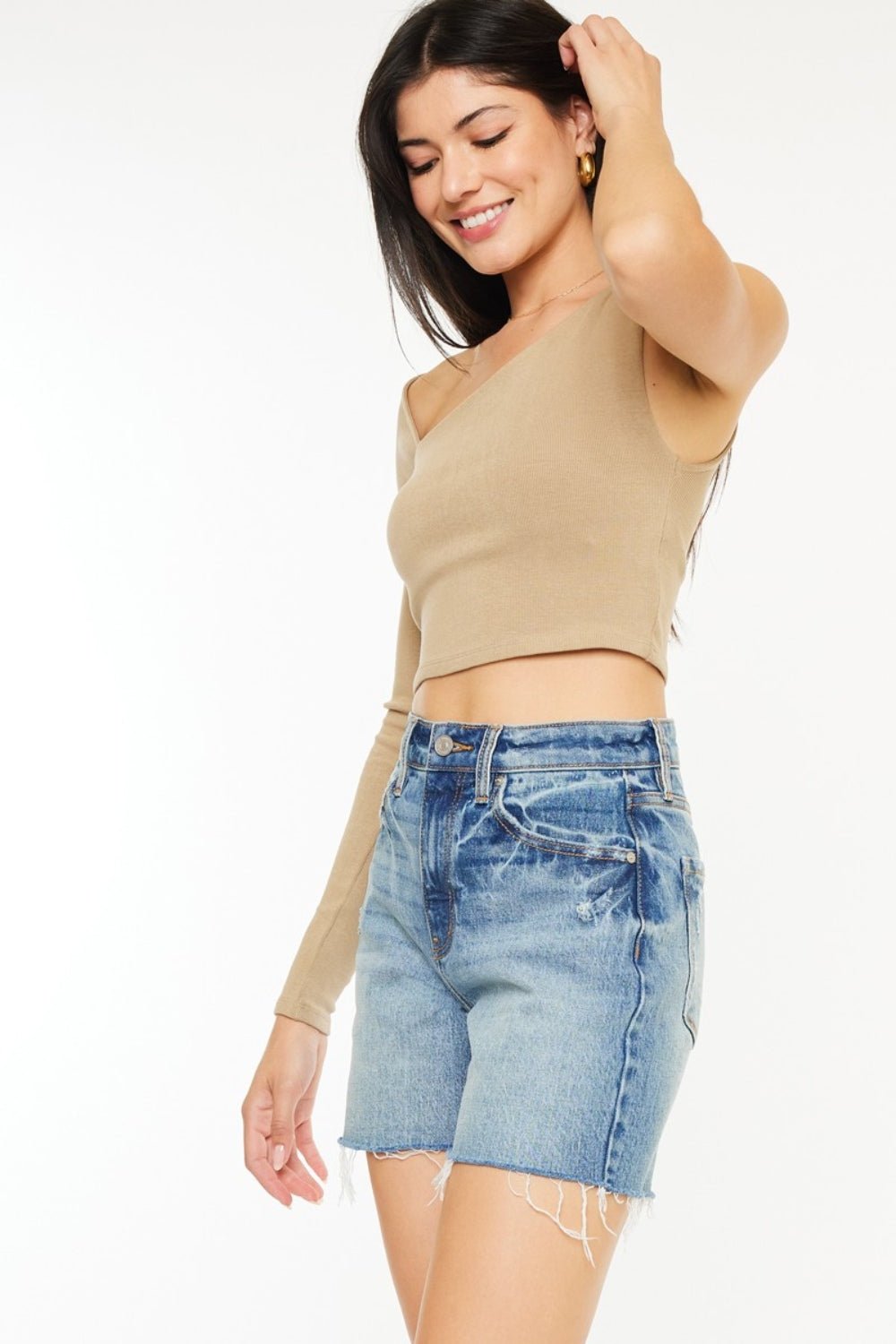 KancanMedium Wash Raw Hem High Waist Denim Shorts