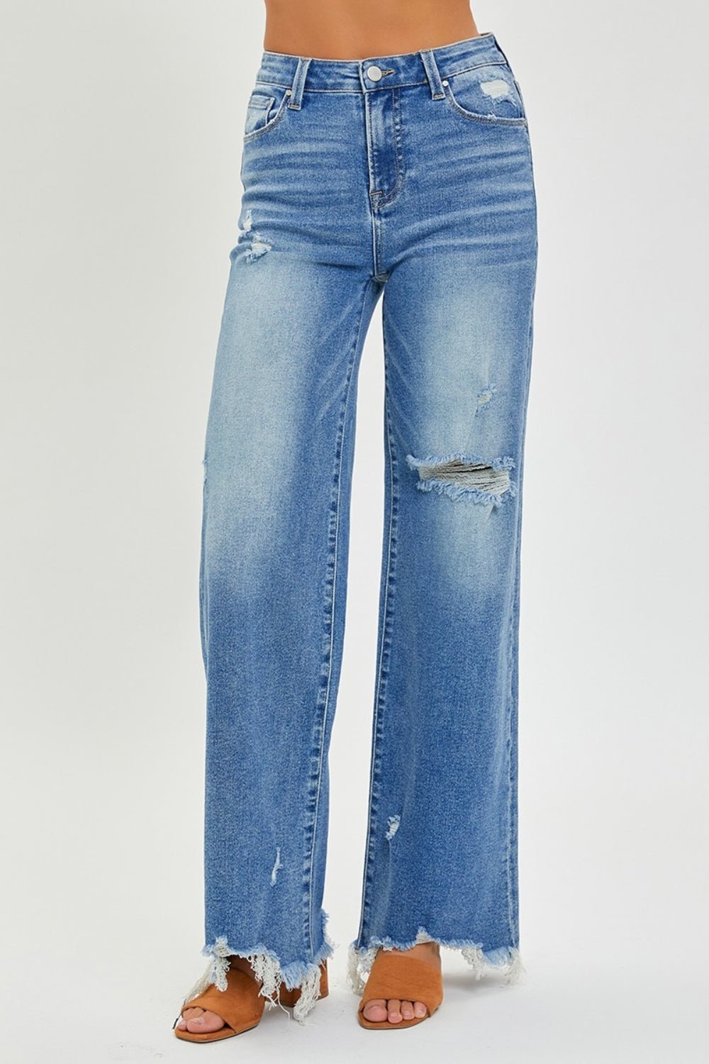 RISENMedium Wash High Rise Frayed Hem Wide Leg Jeans