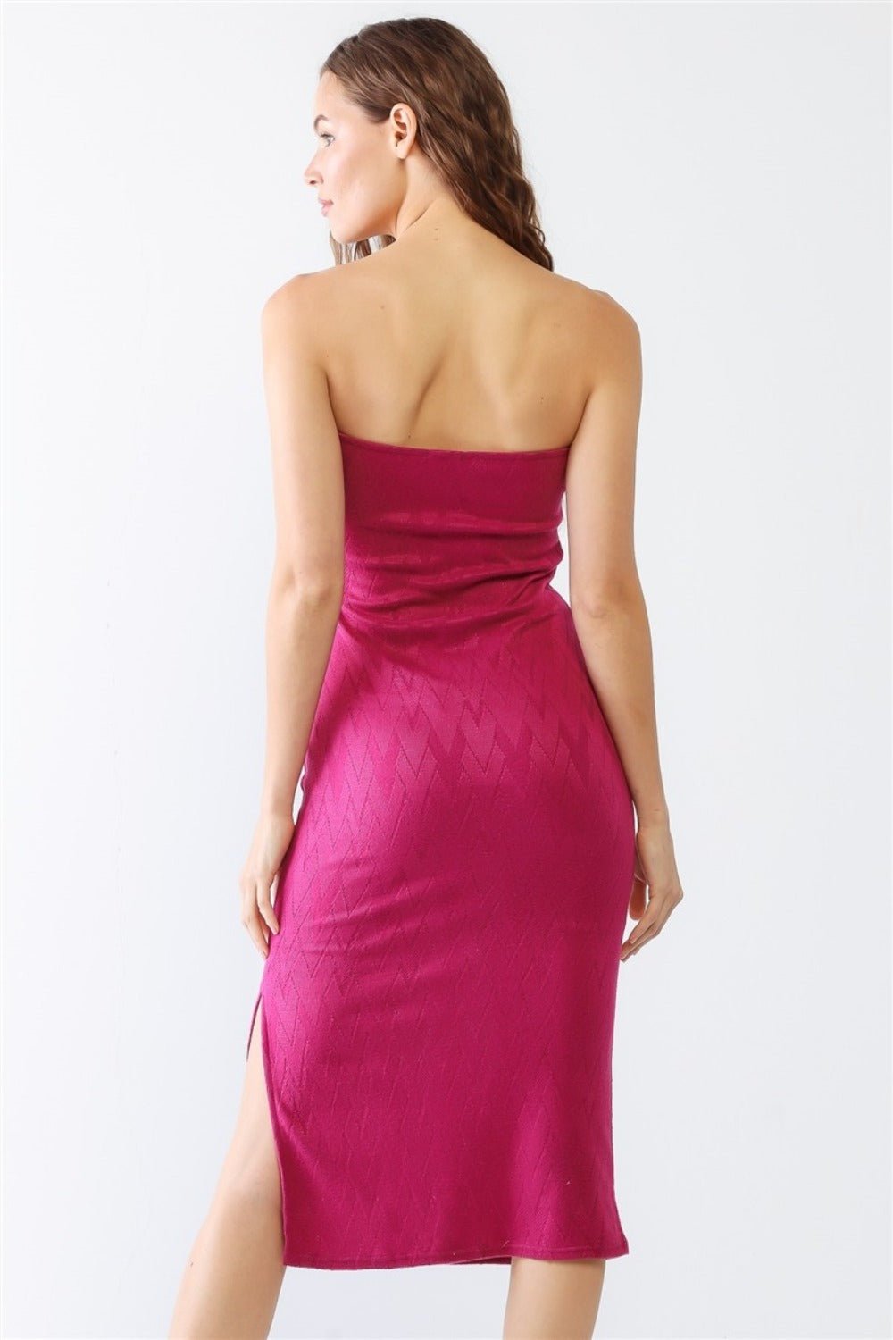 LE LISJacquard Print Strapless Midi Sheath Dress in Magenta