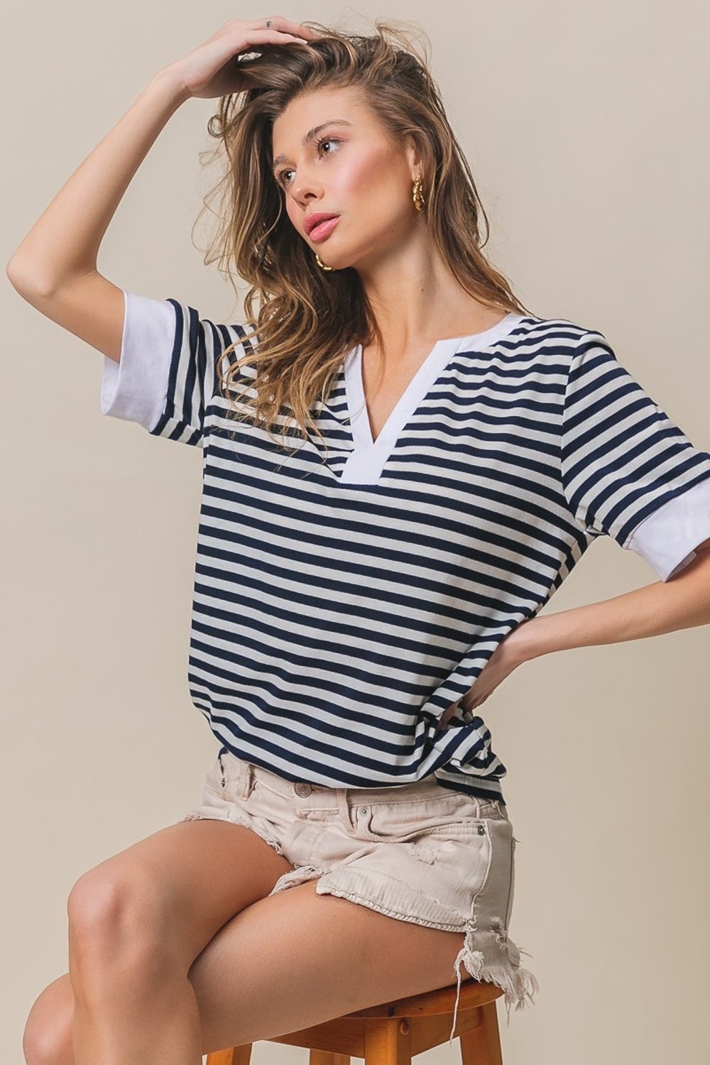 BiBiContrast Stripe Short Sleeve Knit Top in Black Ivory