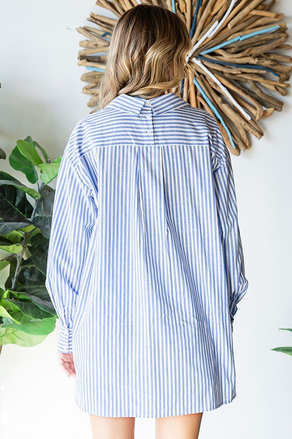 First LoveBlue Striped High - Low Hem Cotton Shirt