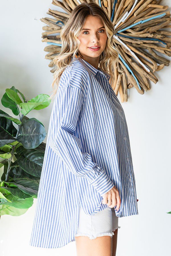 First LoveBlue Striped High - Low Hem Cotton Shirt