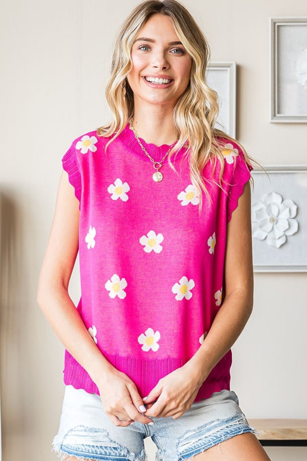 First LoveBlooming Daisies Sleeveless Sweater in Fuchsia