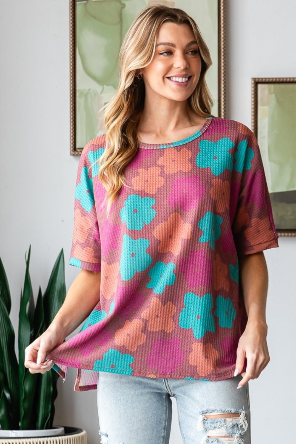 HOPELYFloral Crew Neck Tunic T - Shirt in Brick Magenta