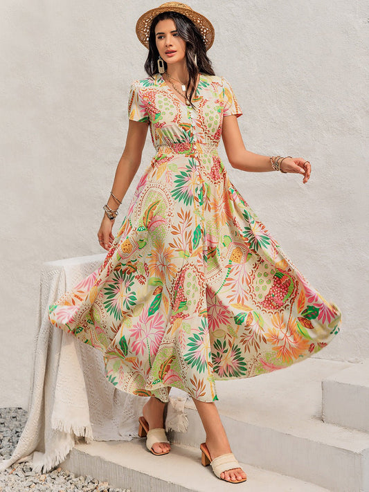 Beach Rose Co.Floral Print V - Neck Short Sleeve Midi Dress in Pastel Yellow