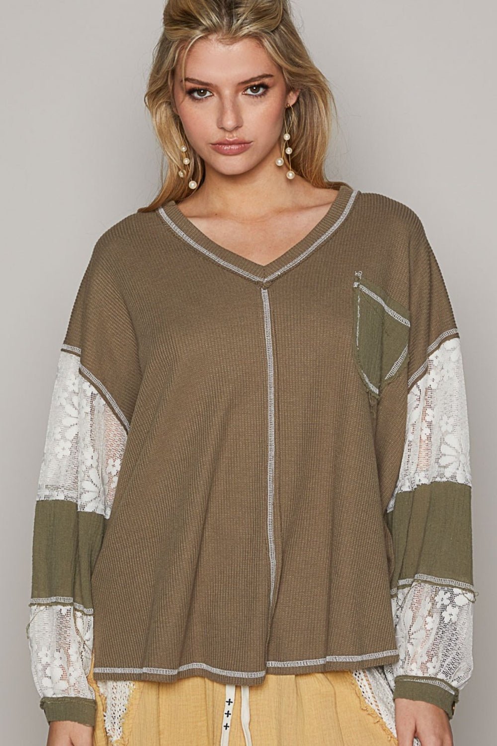 POLV - Neck Lace Detail Long Sleeve Exposed Seam Top in Khaki Olive