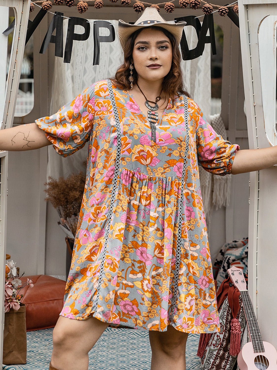 Beach Rose Co.Plus Size Floral Print Half Sleeve Mini Dress