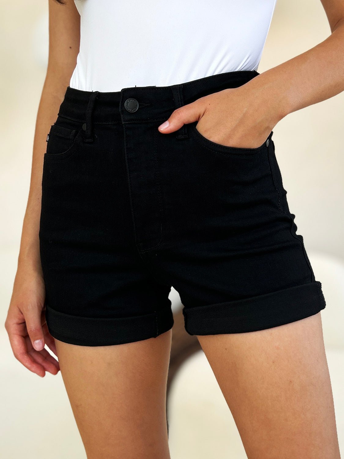 Judy BlueHigh Waist Tummy Control Cuffed Denim Shorts in Black