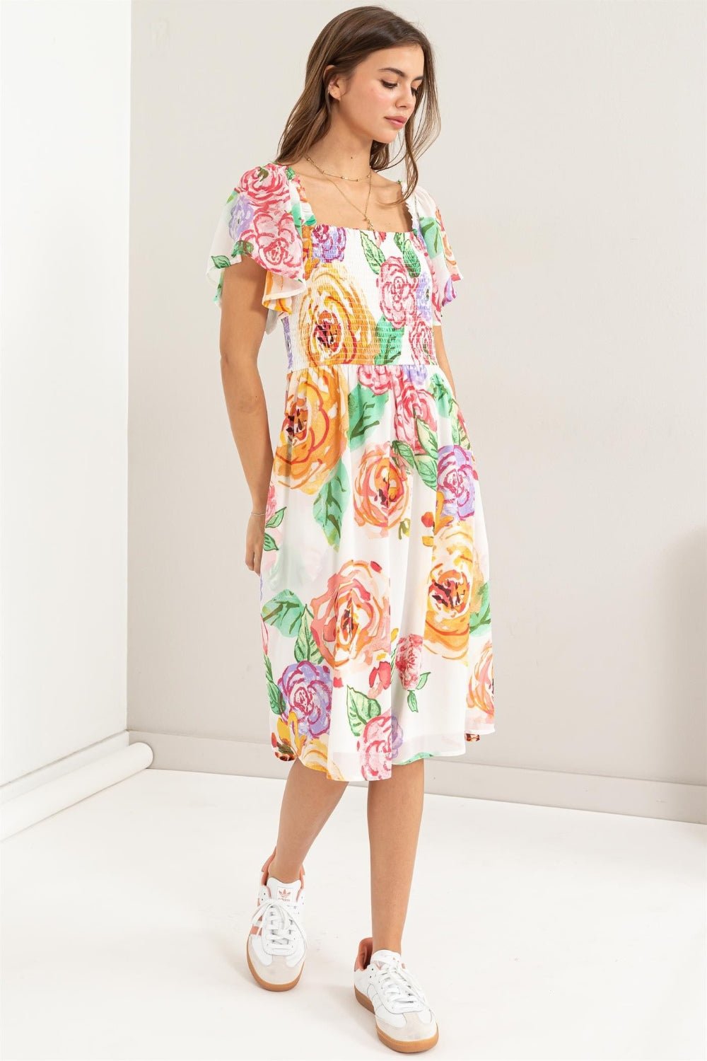 HYFVEMulticolor Floral Flutter Sleeve Smocked Midi Dress