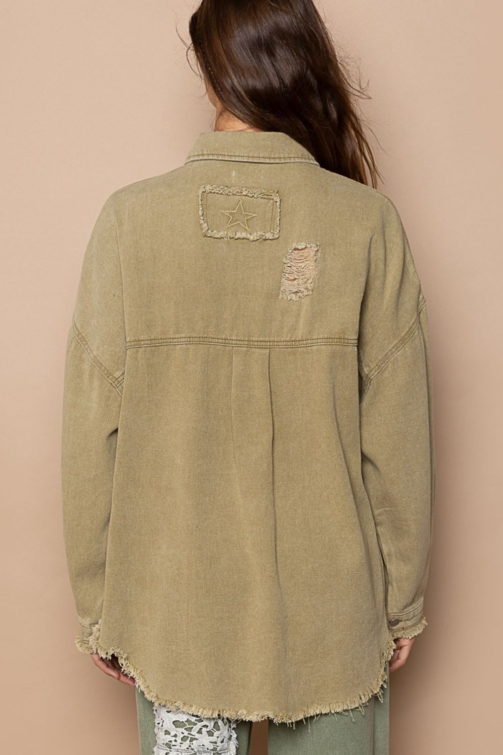 POLButton Down Raw Hem Distressed Shacket in Mocha Herb