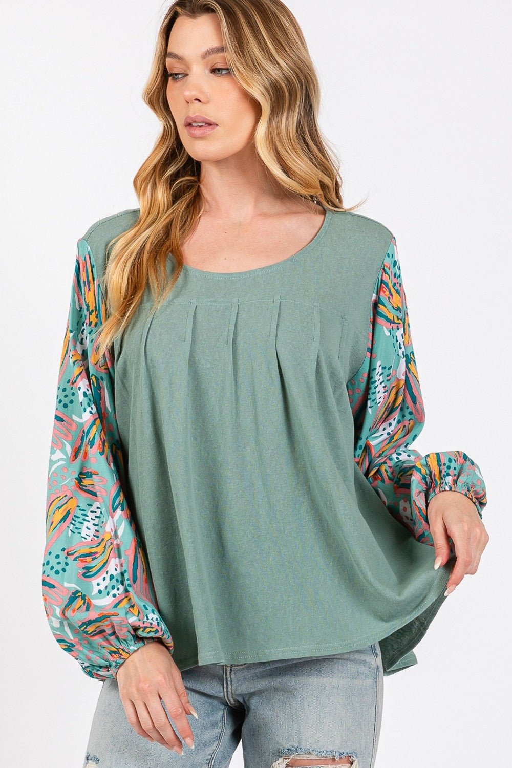 SAGE+FIGPleated Babydoll Printed Bubble Sleeve Top in Sage