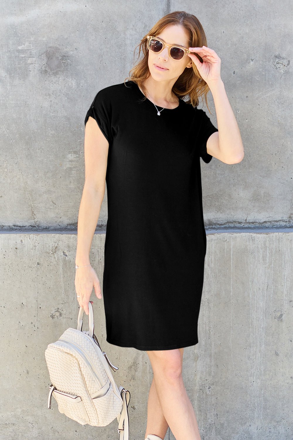 Basic BaeCrew Neck Short Sleeve Mini Tee Dress with Pockets in Black