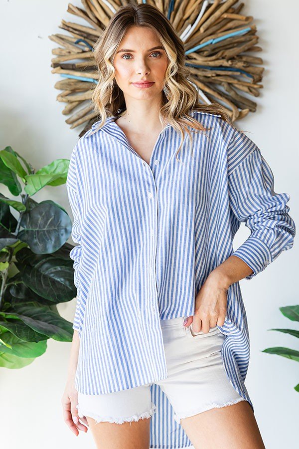 First LoveBlue Striped High - Low Hem Cotton Shirt