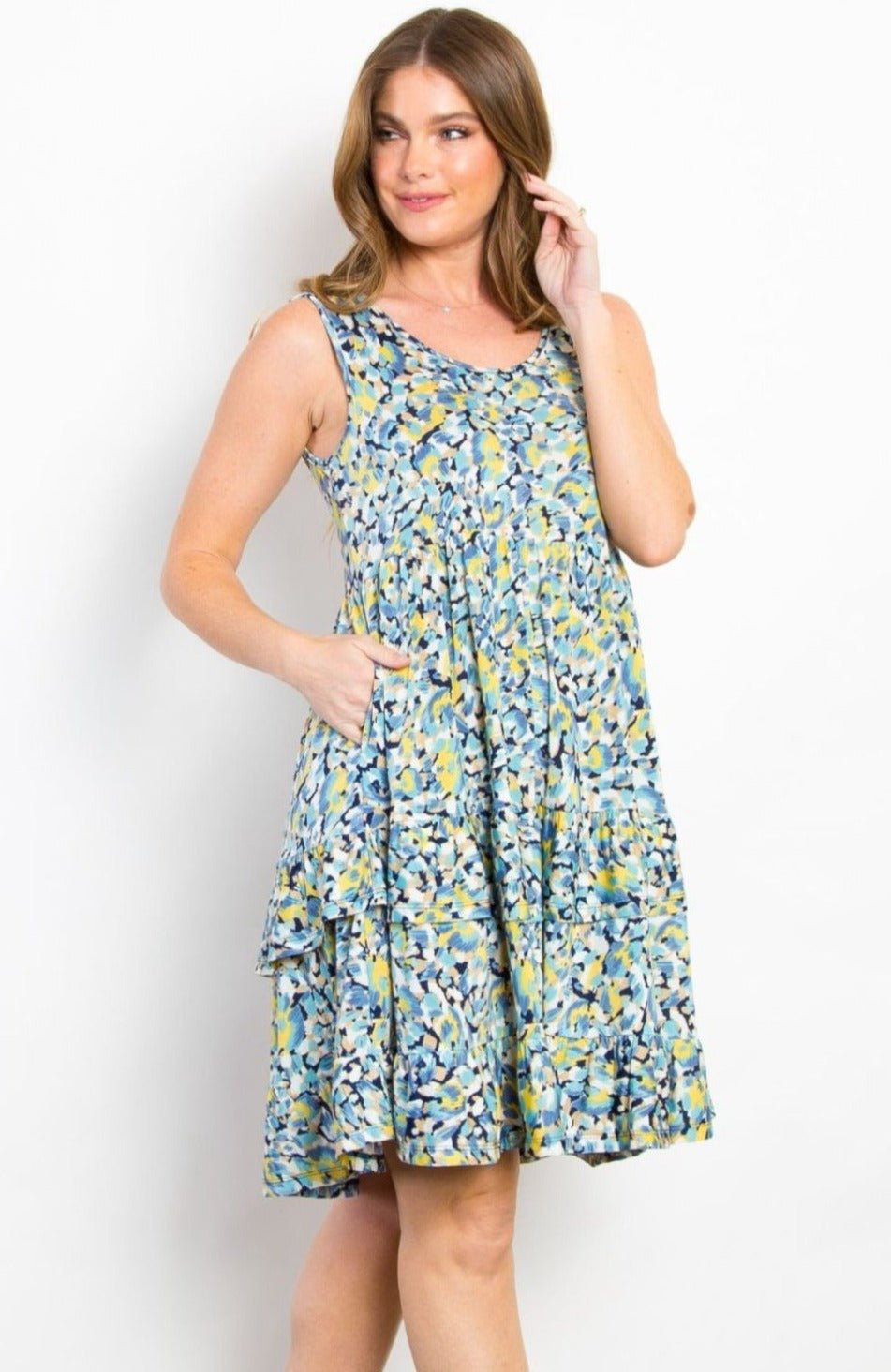 BE StageBlue Print Wrinkle Free Fabric Sleeveless Mini Dress