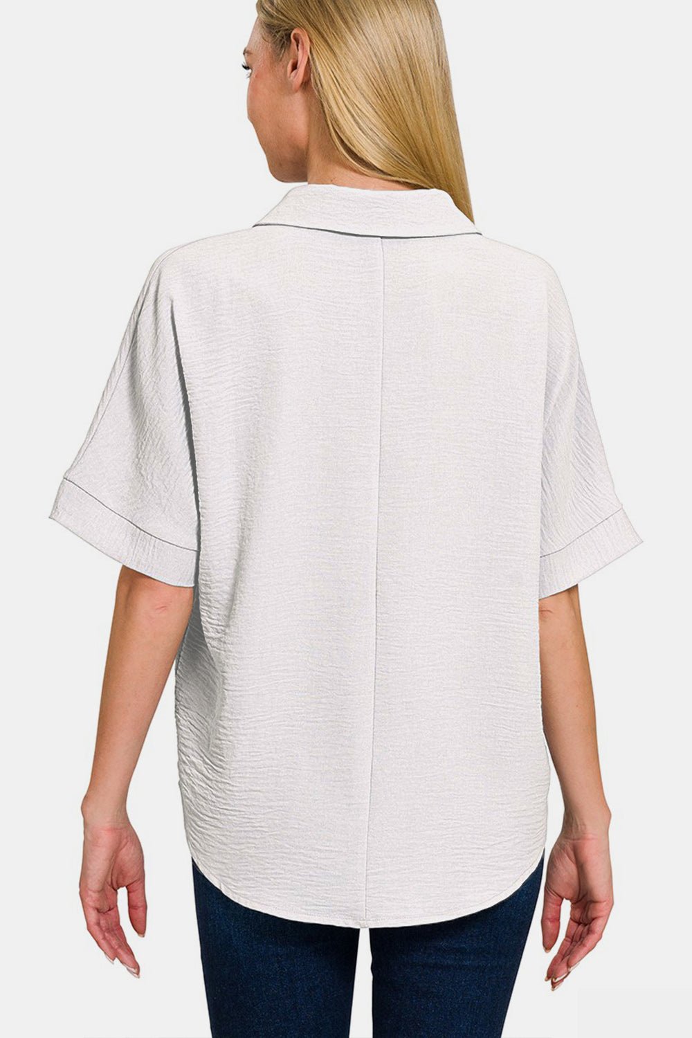 ZenanaTextured Collared Short Sleeve Top in Off - White