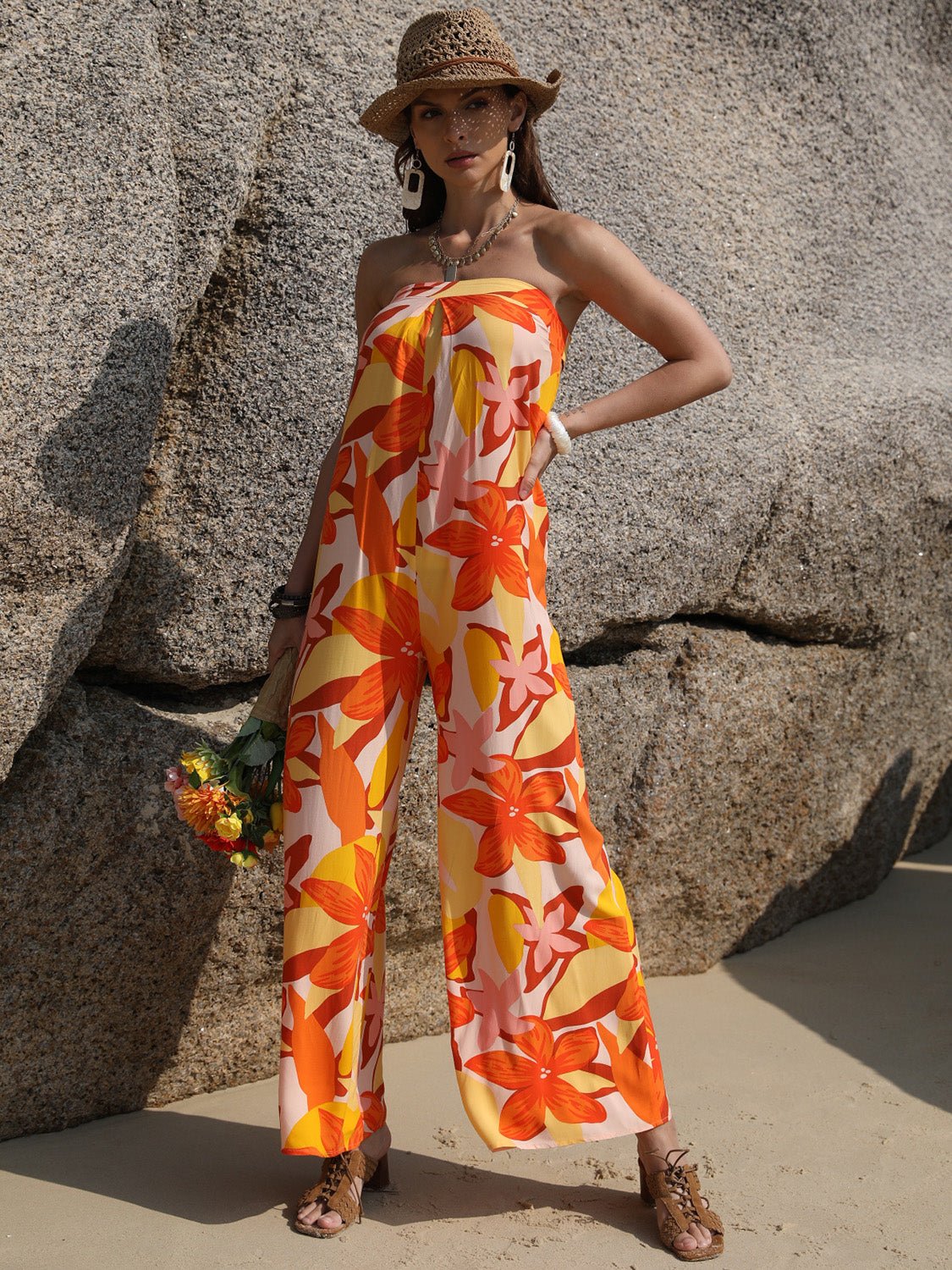 Beach Rose Co.Strapless Floral Print Wide Leg Jumpsuit in Tangerine