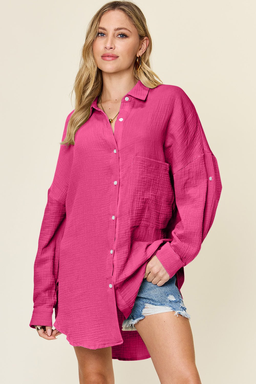 Double TakeTextured Button Up Cotton Shirt