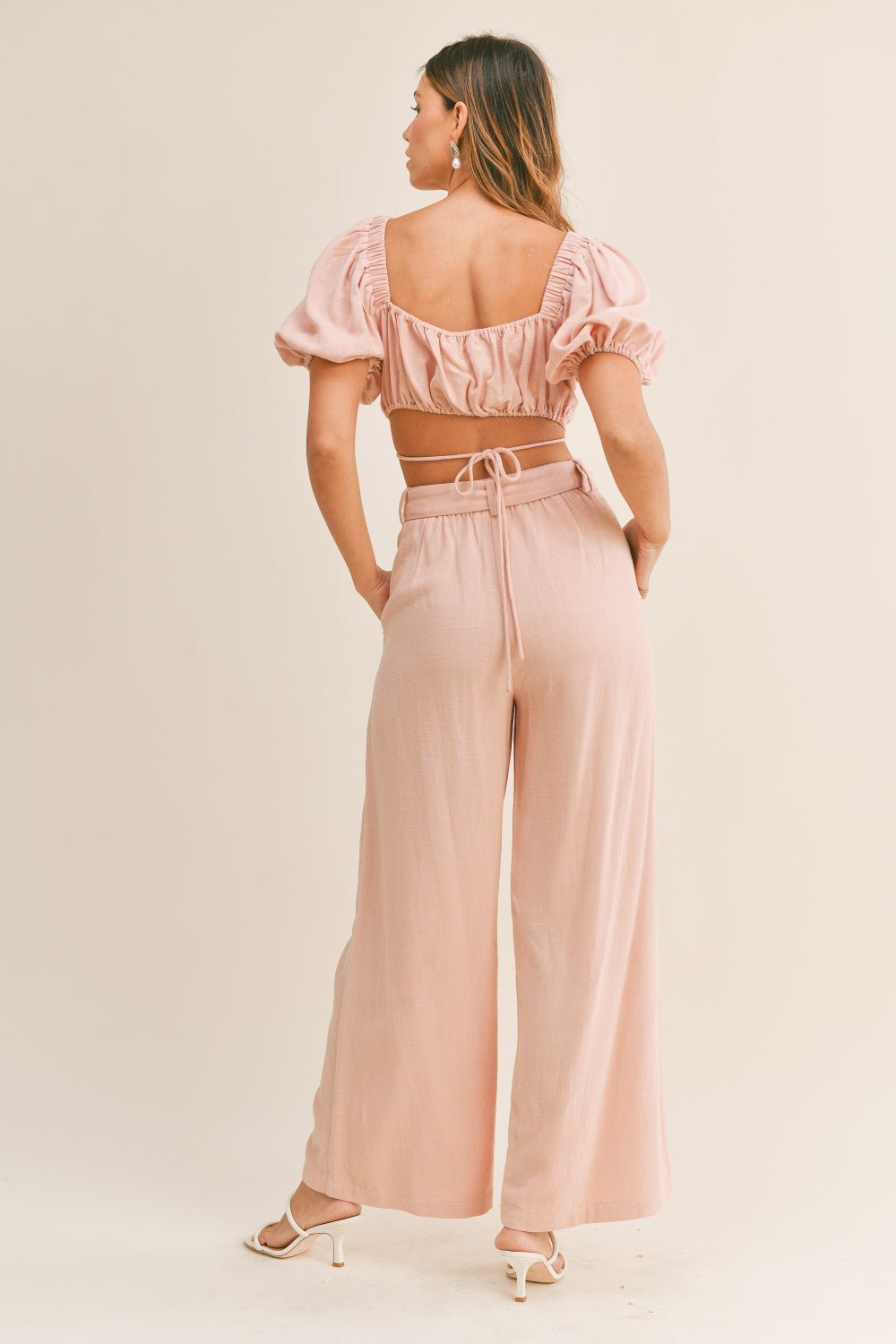 Puff Sleeve Crop Top and Pants Set in Dusty PinkPants SetMable